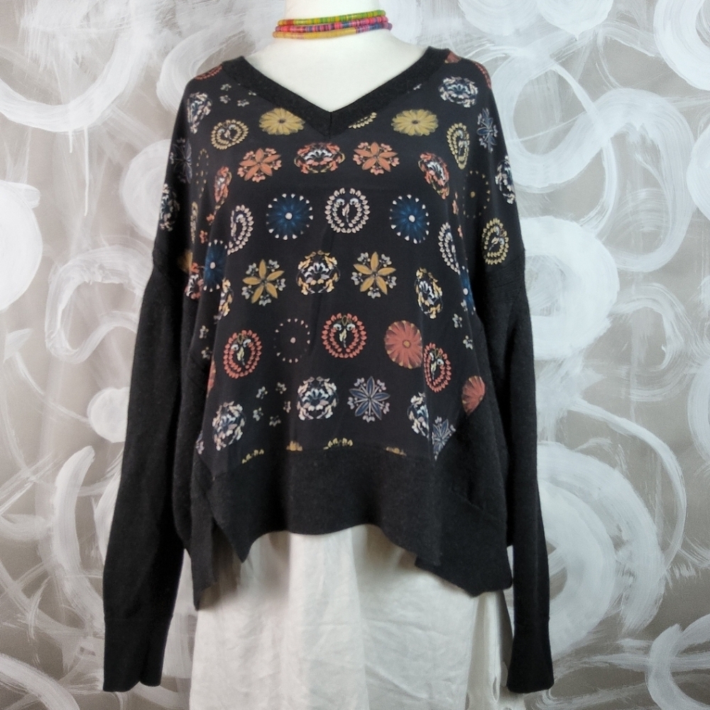 ALL SAINTS Silk & Wool Italian Printed Front Sweater XS Cropped Oversized Jumper